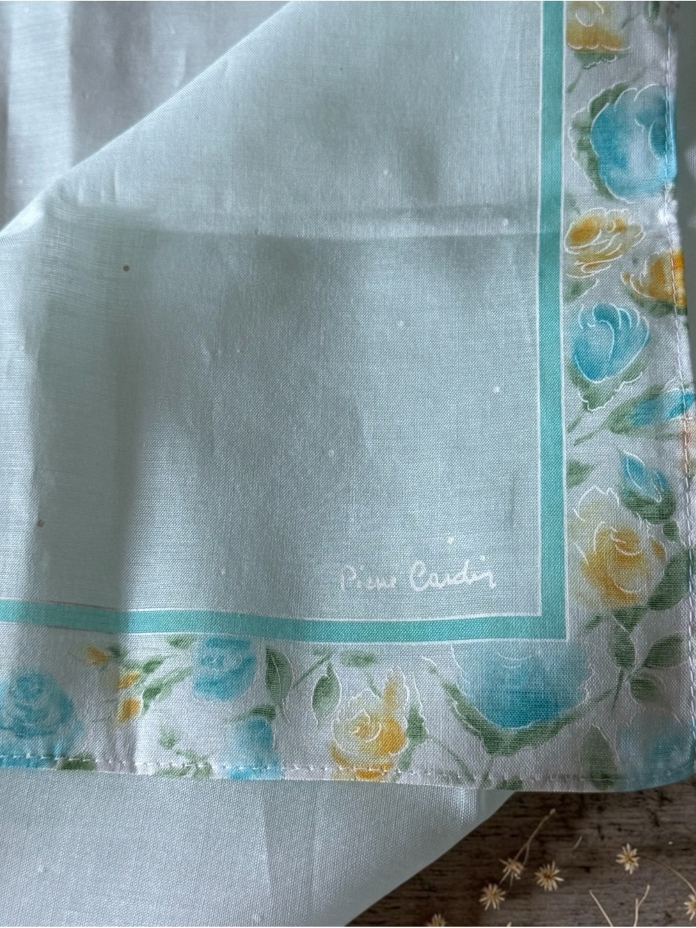 Vintage PIERRE CARDIN Handkerchief Floral Blue Yellow Roses White Cotton Scarf - Picture 5 of 7